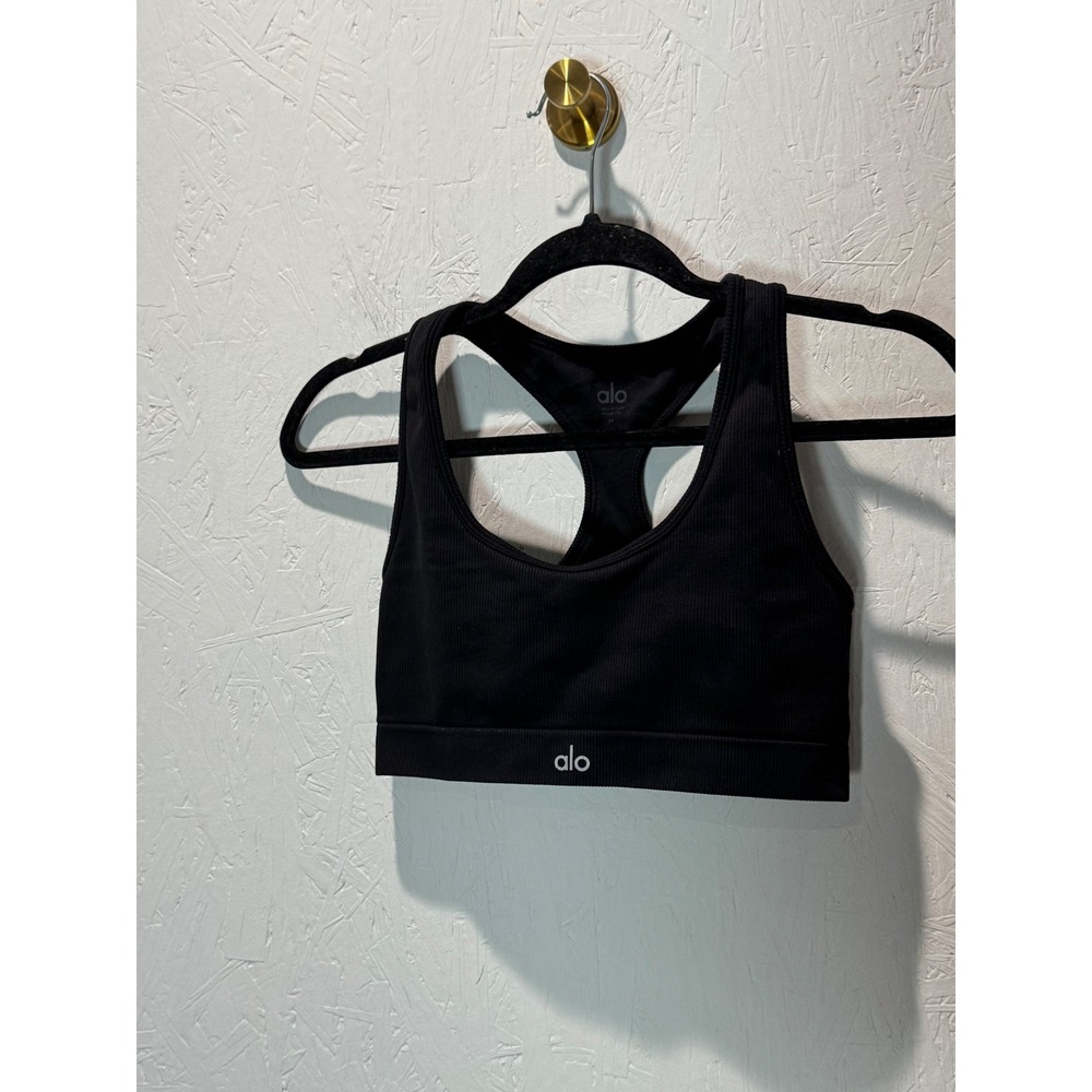 Alo Yoga Wellness Bra Black Ribbed Seamless Racerback Sports Bra Medium
